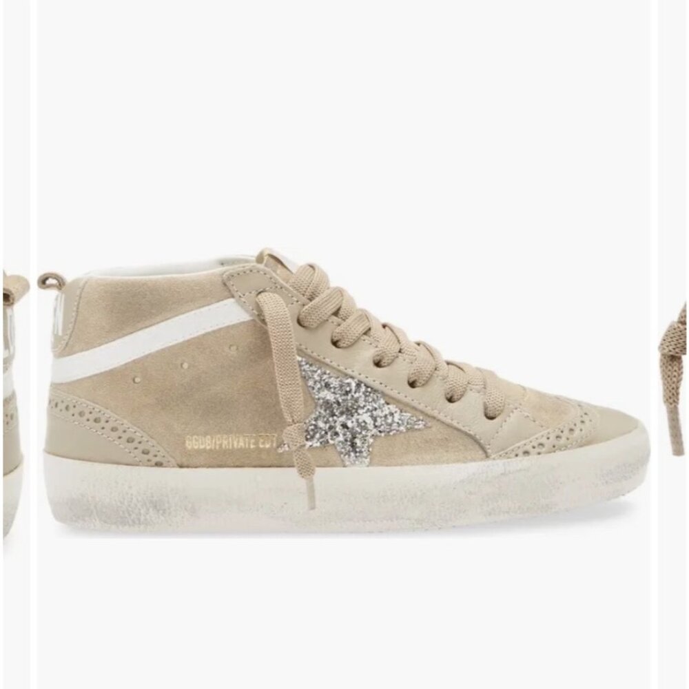Golden Goose Mid Star Beige Glitter Sneakers Womens Suede & Leather NWOT - Picture 4 of 16